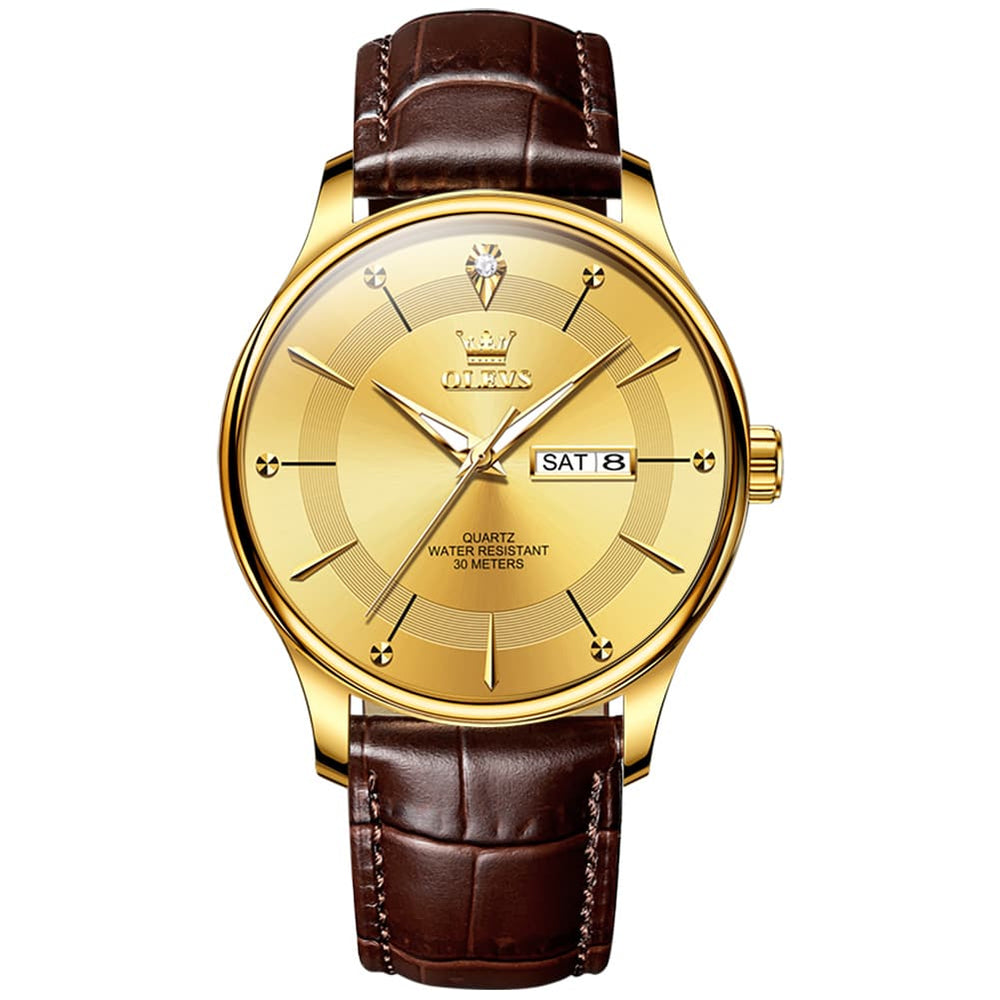 OLEVS 9908 Diamond Accent Day Date Quartz Watch for Men - Brown Leather Gold Dial Watch | Olevs Watch Store