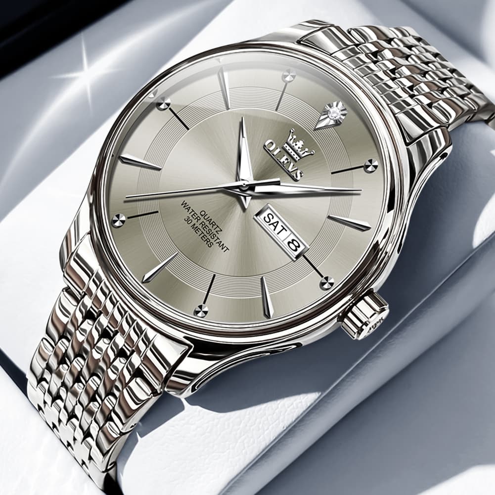 OLEVS 9908 Diamond Accent Day Date Quartz Watch for Men - silver Gray Steel Watch | Olevs Watch Store