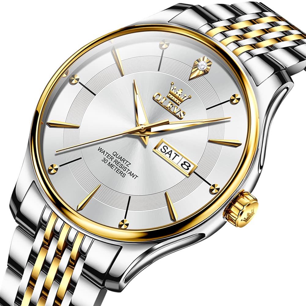 OLEVS 9908 Diamond Accent Day Date Quartz Watch for Men - Brown Leather Gold Dial Watch | Olevs Watch Store