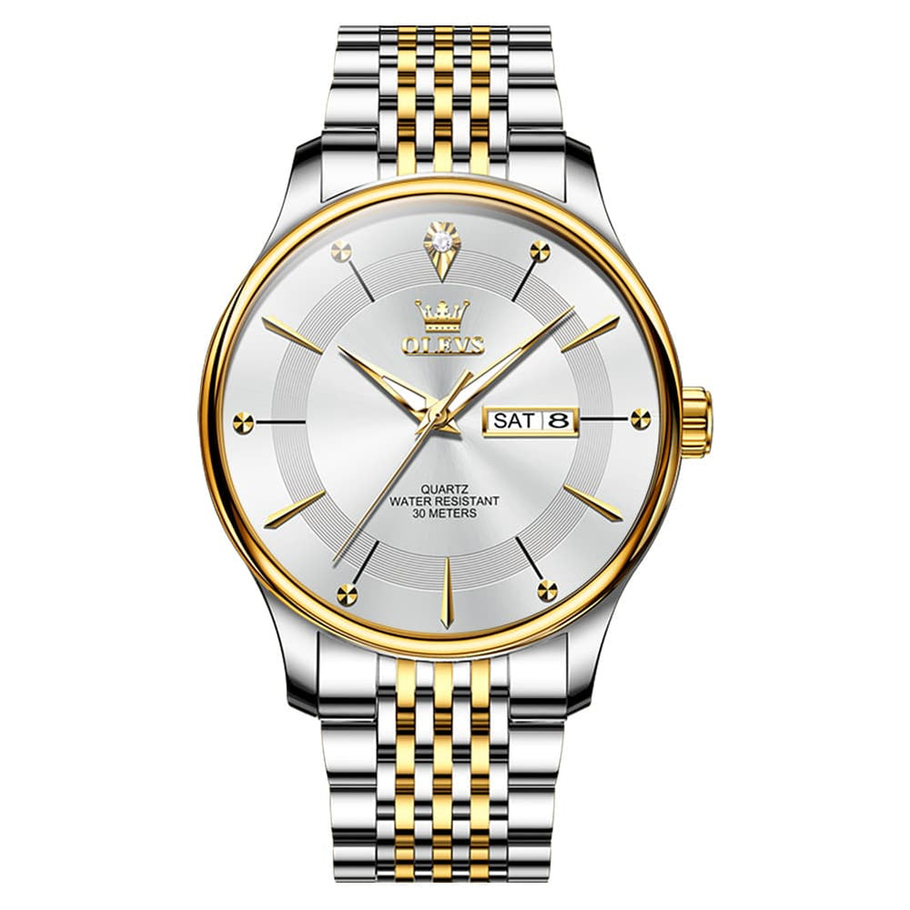 OLEVS 9908 Diamond Accent Day Date Quartz Watch for Men - Brown Leather Gold Dial Watch | Olevs Watch Store