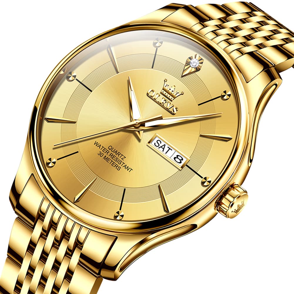 OLEVS 9908 Diamond Accent Day Date Quartz Watch for Men - Brown Leather Gold Dial Watch | Olevs Watch Store