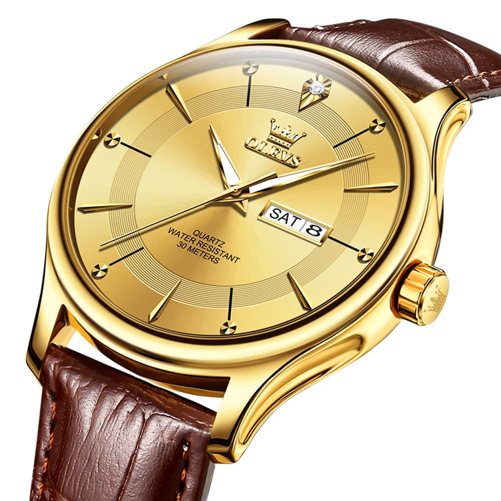 OLEVS 9908 Diamond Accent Day Date Quartz Watch for Men - Brown Leather Gold Dial Watch | Olevs Watch Store