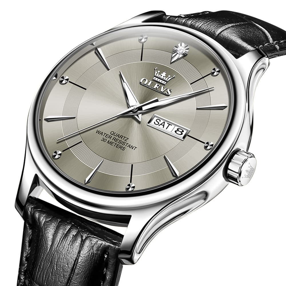 OLEVS 9908 Diamond Accent Day Date Quartz Watch for Men - Brown Leather Gold Dial Watch | Olevs Watch Store