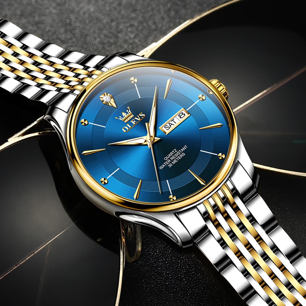 OLEVS 9908 Diamond Accent Day Date Quartz Watch for Men - Brown Leather Gold Dial Watch | Olevs Watch Store