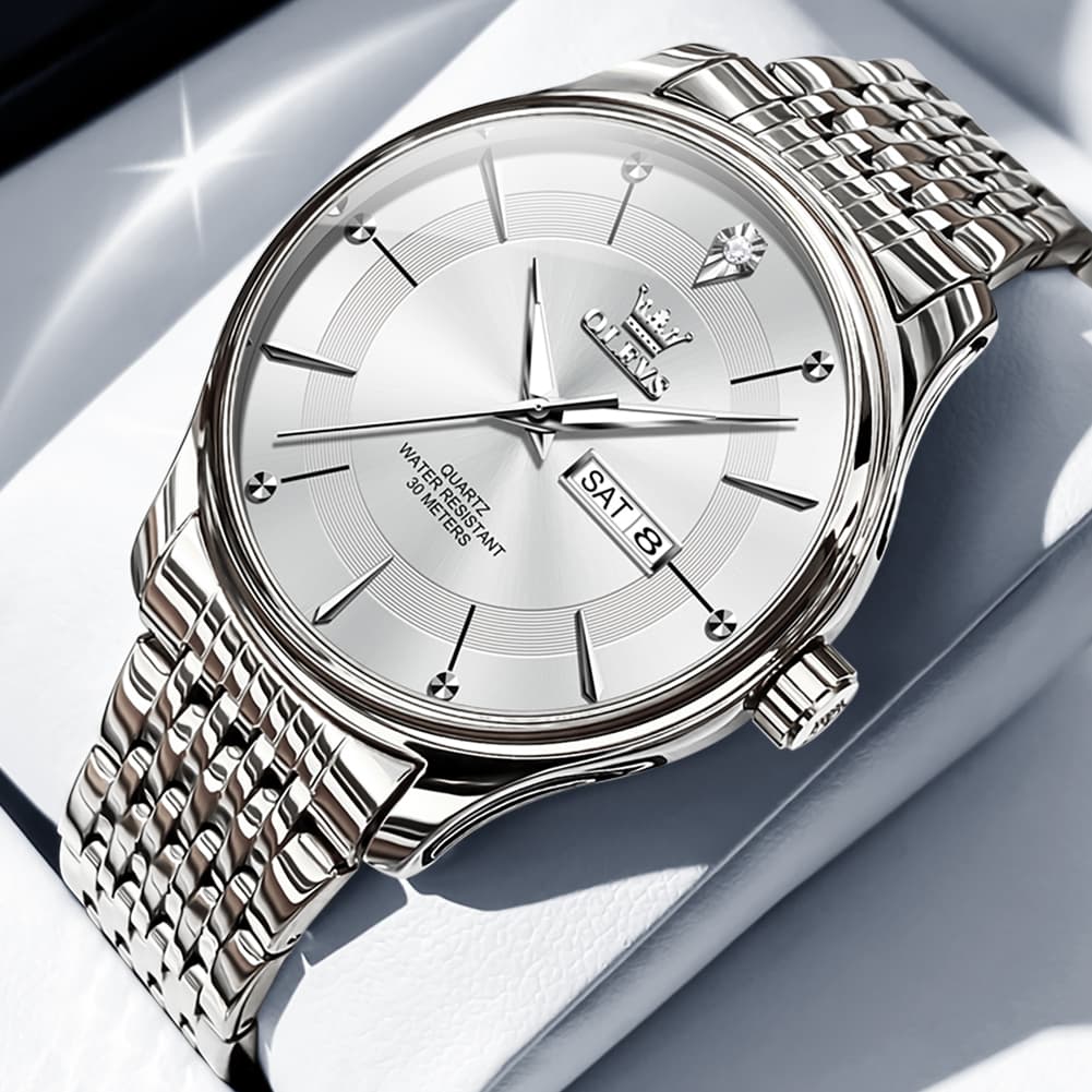 OLEVS 9908 Diamond Accent Day Date Quartz Watch for Men - Silver White Steel Watch | Olevs Watch Store
