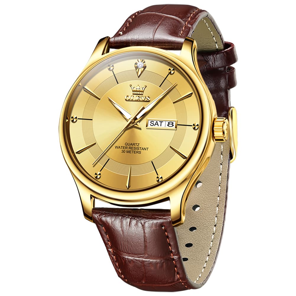 OLEVS 9908 Diamond Accent Day Date Quartz Watch for Men - Brown Leather Gold Dial Watch | Olevs Watch Store