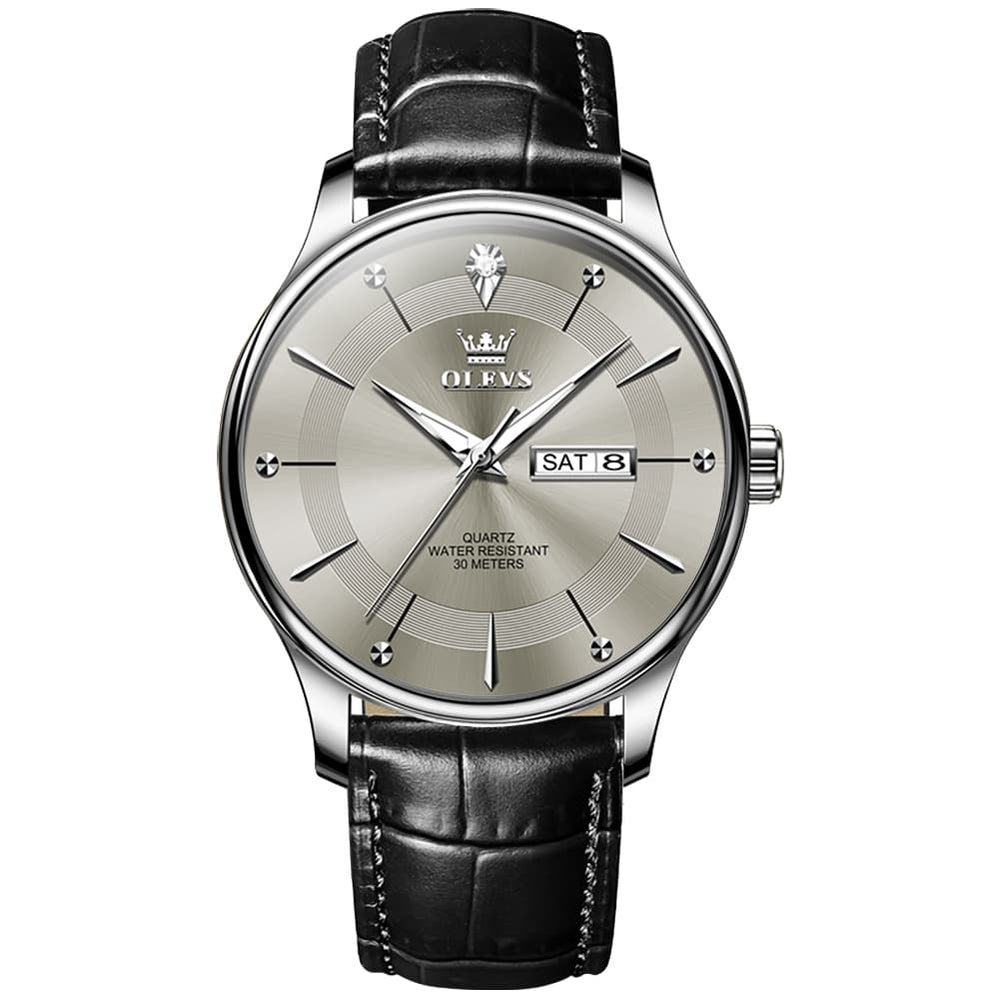 OLEVS 9908 Diamond Accent Day Date Quartz Watch for Men - Black Leather Gray Dial Watch | Olevs Watch Store
