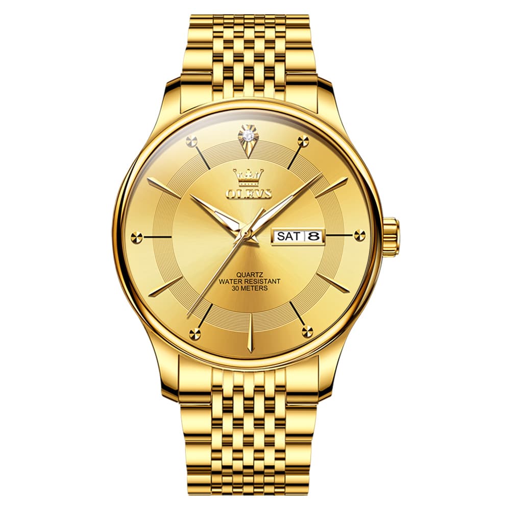 OLEVS 9908 Diamond Accent Day Date Quartz Watch for Men - Brown Leather Gold Dial Watch | Olevs Watch Store
