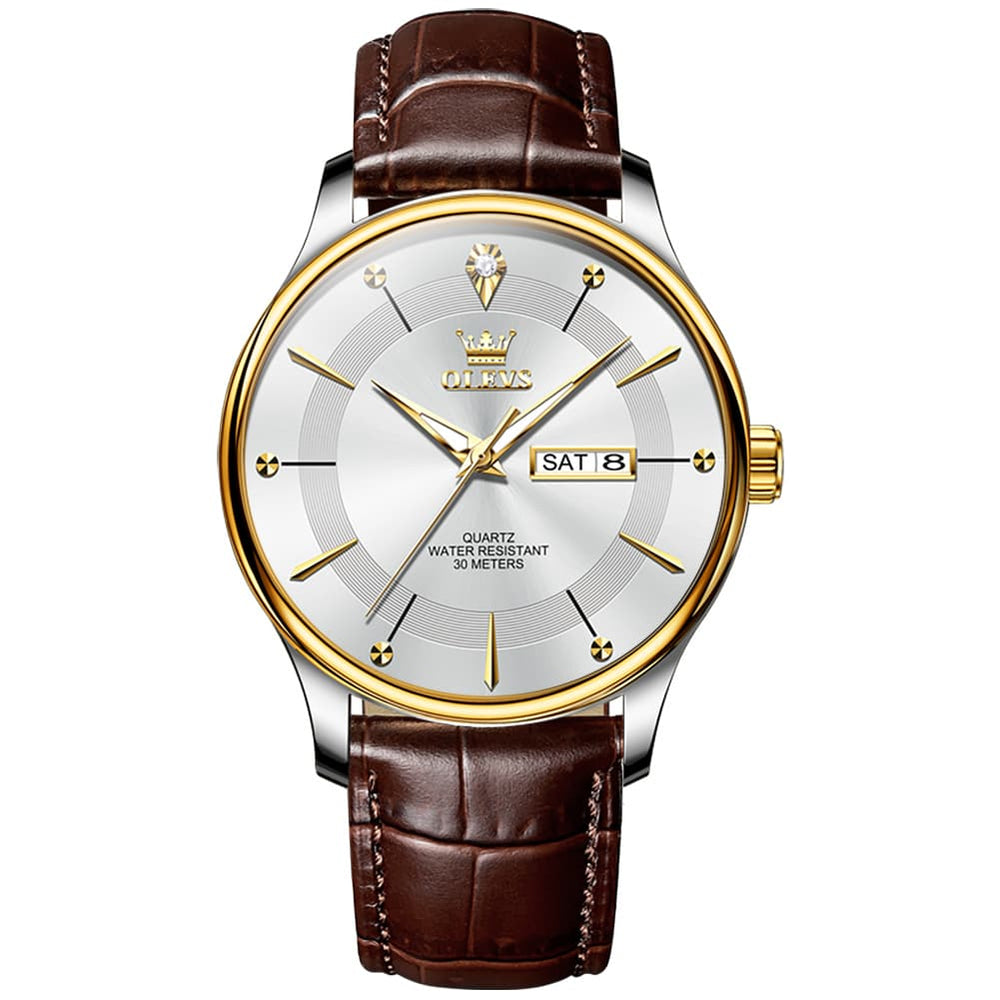 OLEVS 9908 Diamond Accent Day Date Quartz Watch for Men - Brown Leather White Dial Watch | Olevs Watch Store