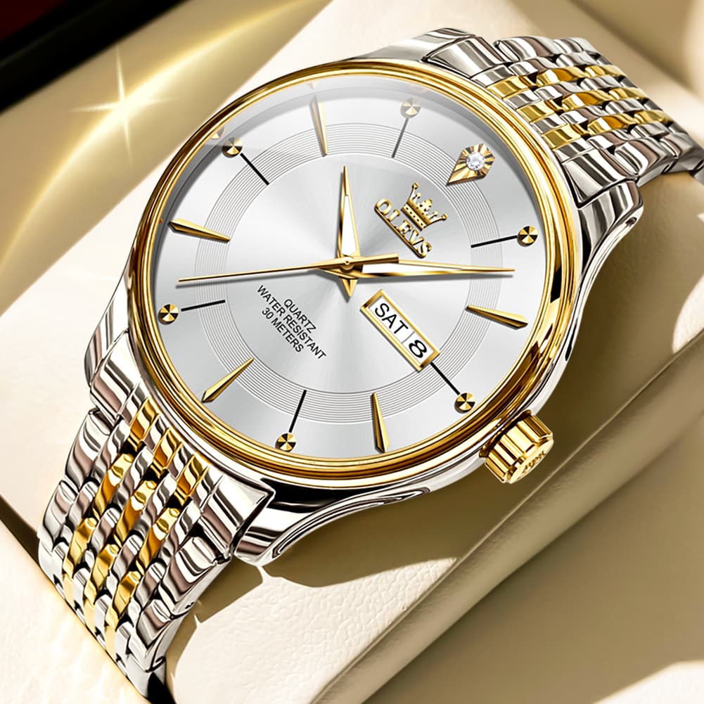 OLEVS 9908 Diamond Accent Day Date Quartz Watch for Men - Two Tone White Steel Watch | Olevs Watch Store