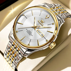 OLEVS 9908 Diamond Accent Day Date Quartz Watch for Men - Two Tone White Steel Watch | Olevs Watch Store
