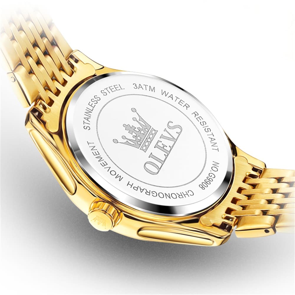 OLEVS 9908 Diamond Accent Day Date Quartz Watch for Men - Brown Leather Gold Dial Watch | Olevs Watch Store