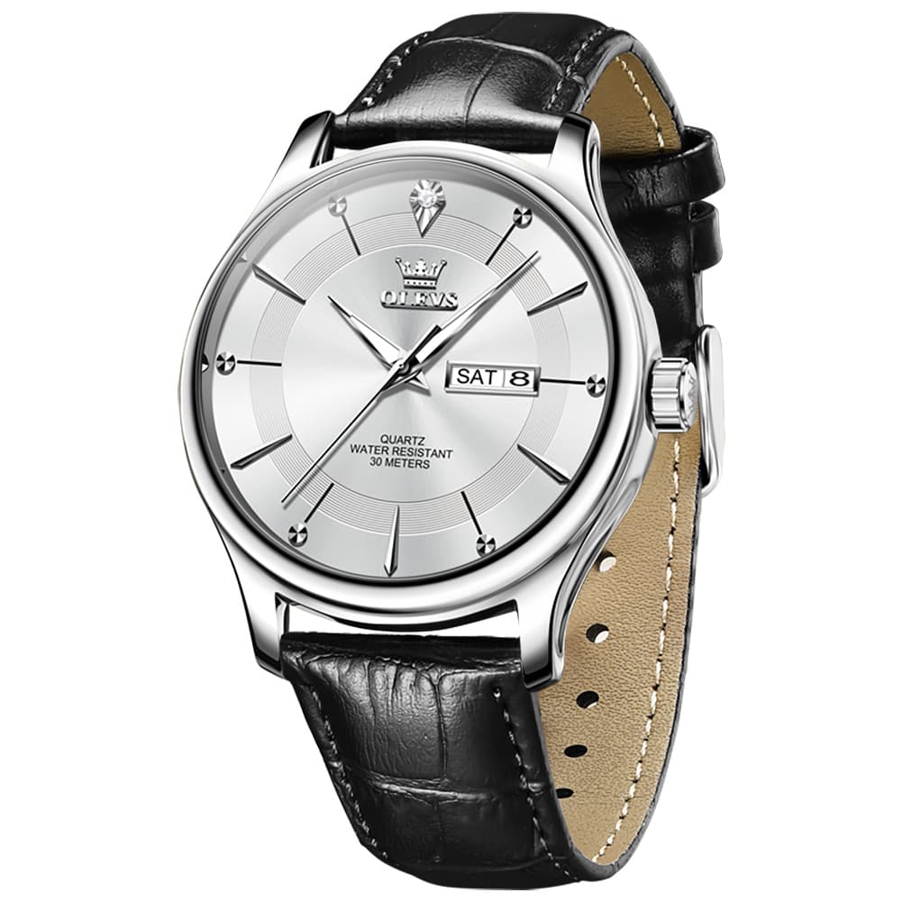 OLEVS 9908 Diamond Accent Day Date Quartz Watch for Men - Brown Leather Gold Dial Watch | Olevs Watch Store