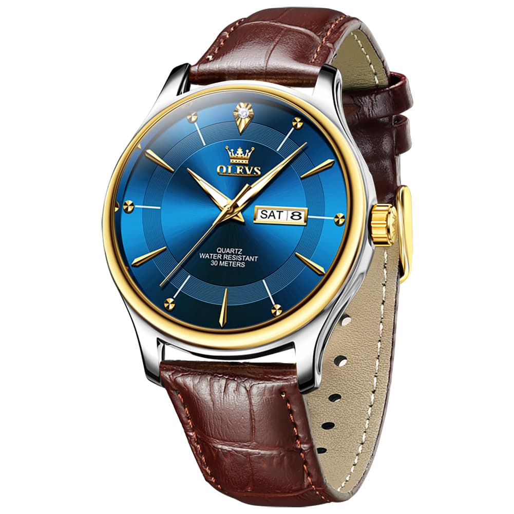OLEVS 9908 Diamond Accent Day Date Quartz Watch for Men - Brown Leather Gold Dial Watch | Olevs Watch Store