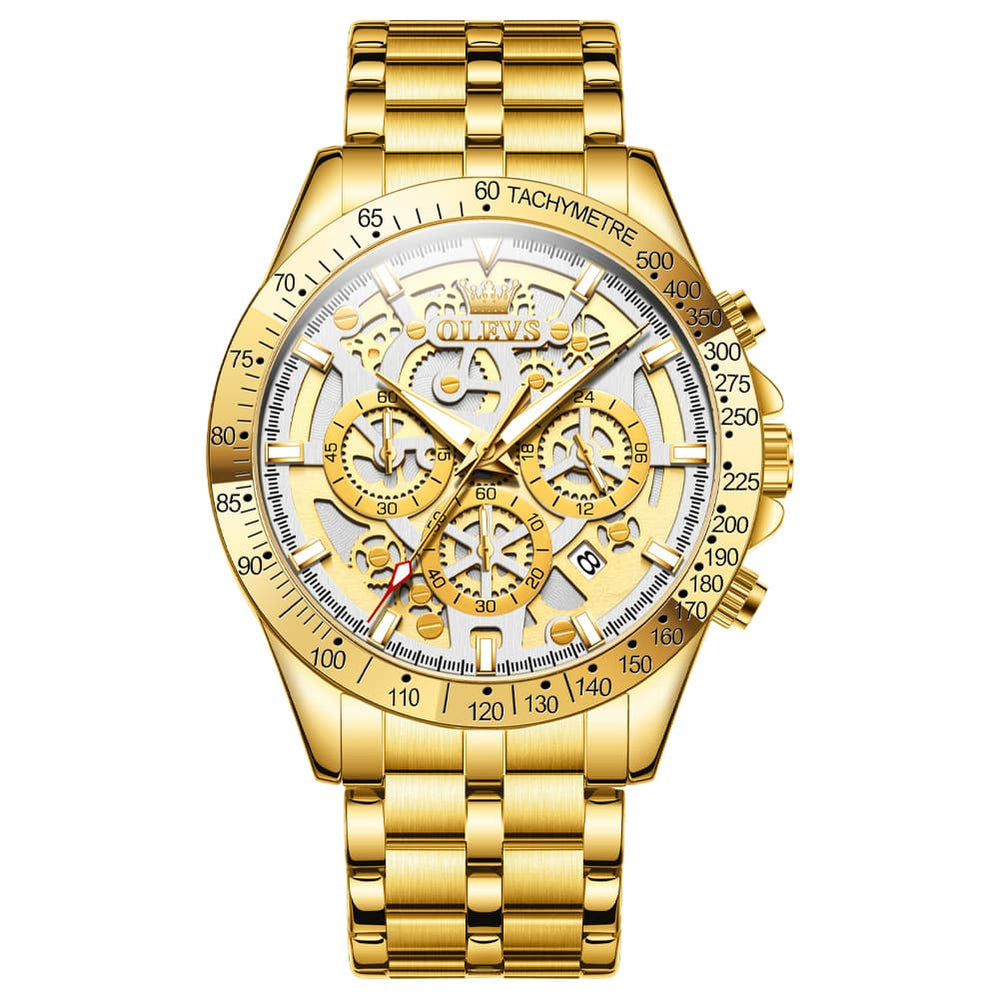 OLEVS 9913 Skeleton Dial Chronograph Gold Quartz Watch for Men - All Gold Dial Watch | Olevs Watch Store