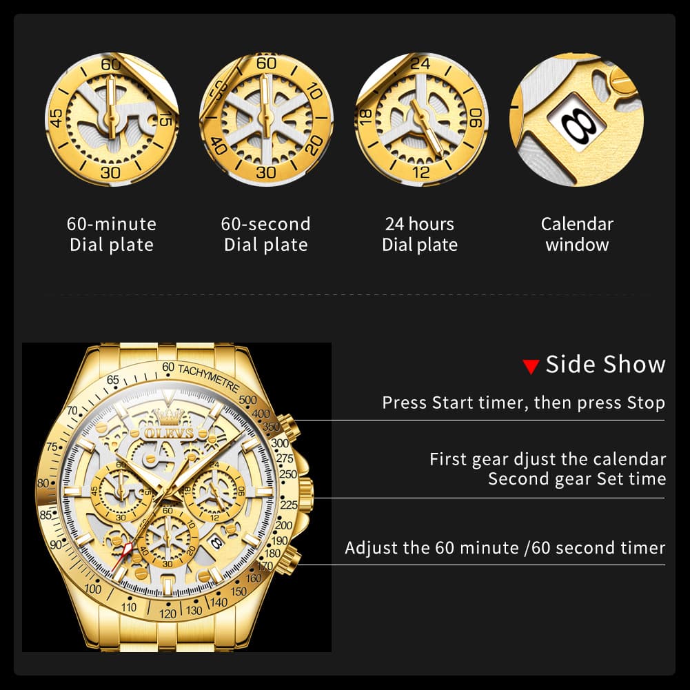 OLEVS 9913 Skeleton Dial Chronograph Gold Quartz Watch for Men - All Gold Dial Watch | Olevs Watch Store
