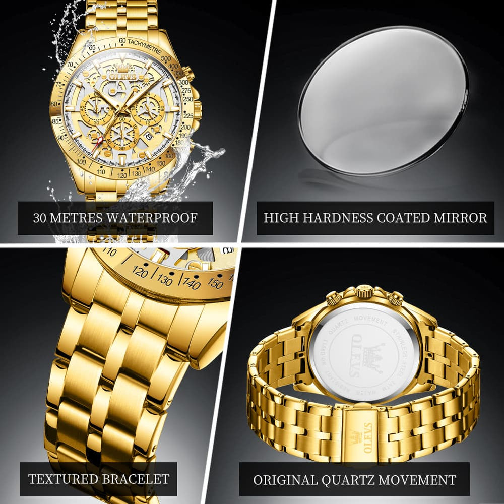 OLEVS 9913 Skeleton Dial Chronograph Gold Quartz Watch for Men - All Gold Dial Watch | Olevs Watch Store