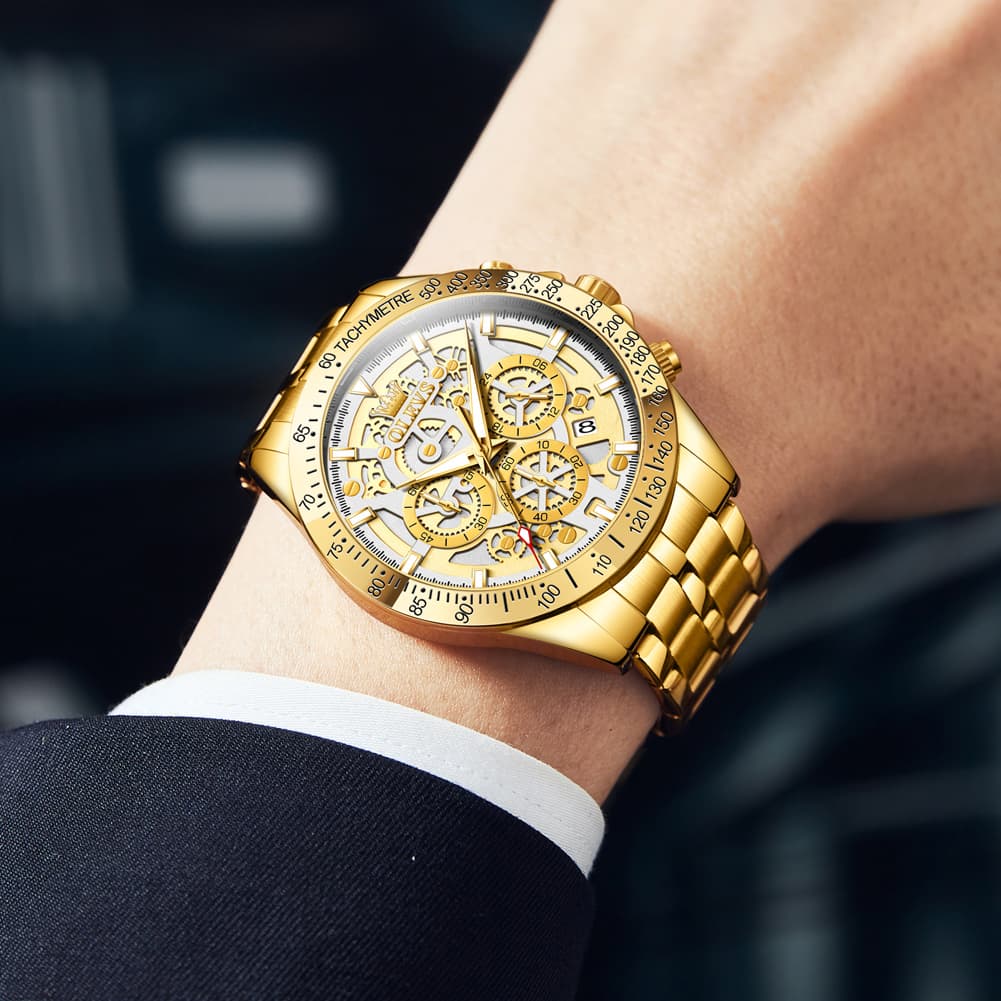 OLEVS 9913 Skeleton Dial Chronograph Gold Quartz Watch for Men - All Gold Dial Watch | Olevs Watch Store