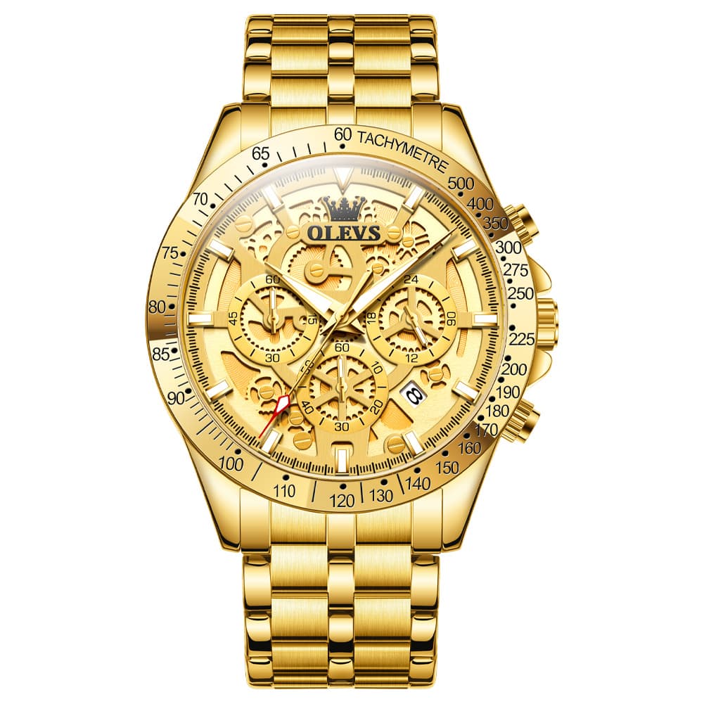 OLEVS 9913 Skeleton Dial Chronograph Gold Quartz Watch for Men - All Gold Dial Watch | Olevs Watch Store