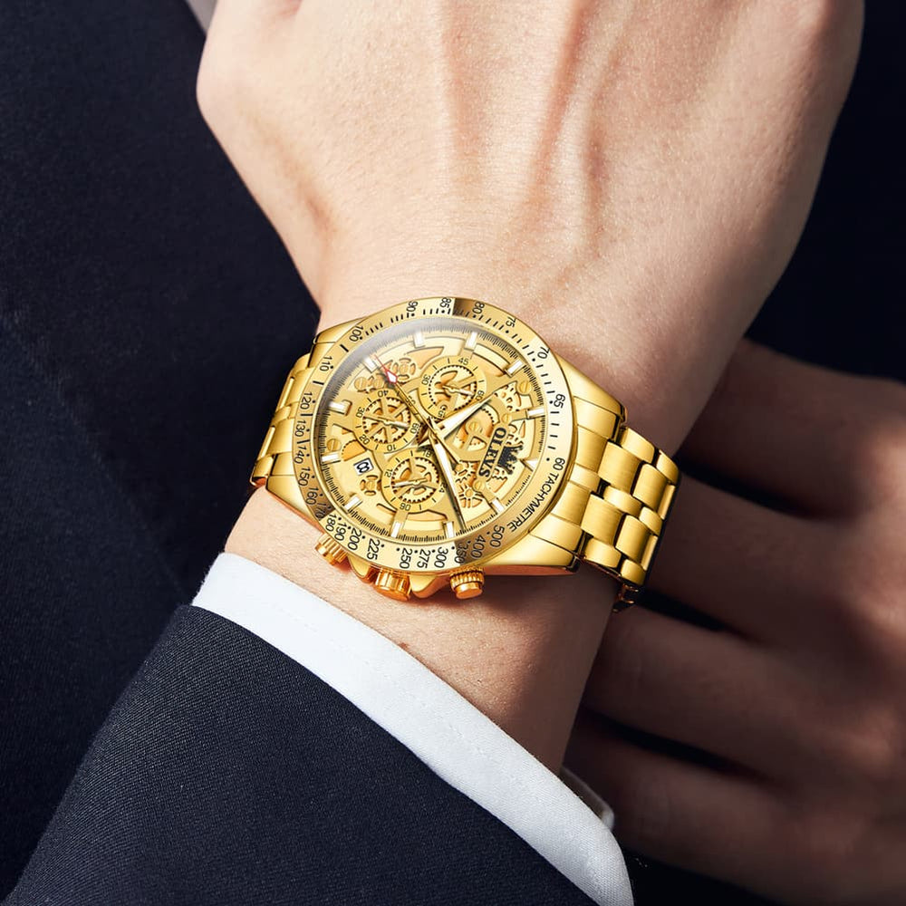 OLEVS 9913 Skeleton Dial Chronograph Gold Quartz Watch for Men - All Gold Dial Watch | Olevs Watch Store