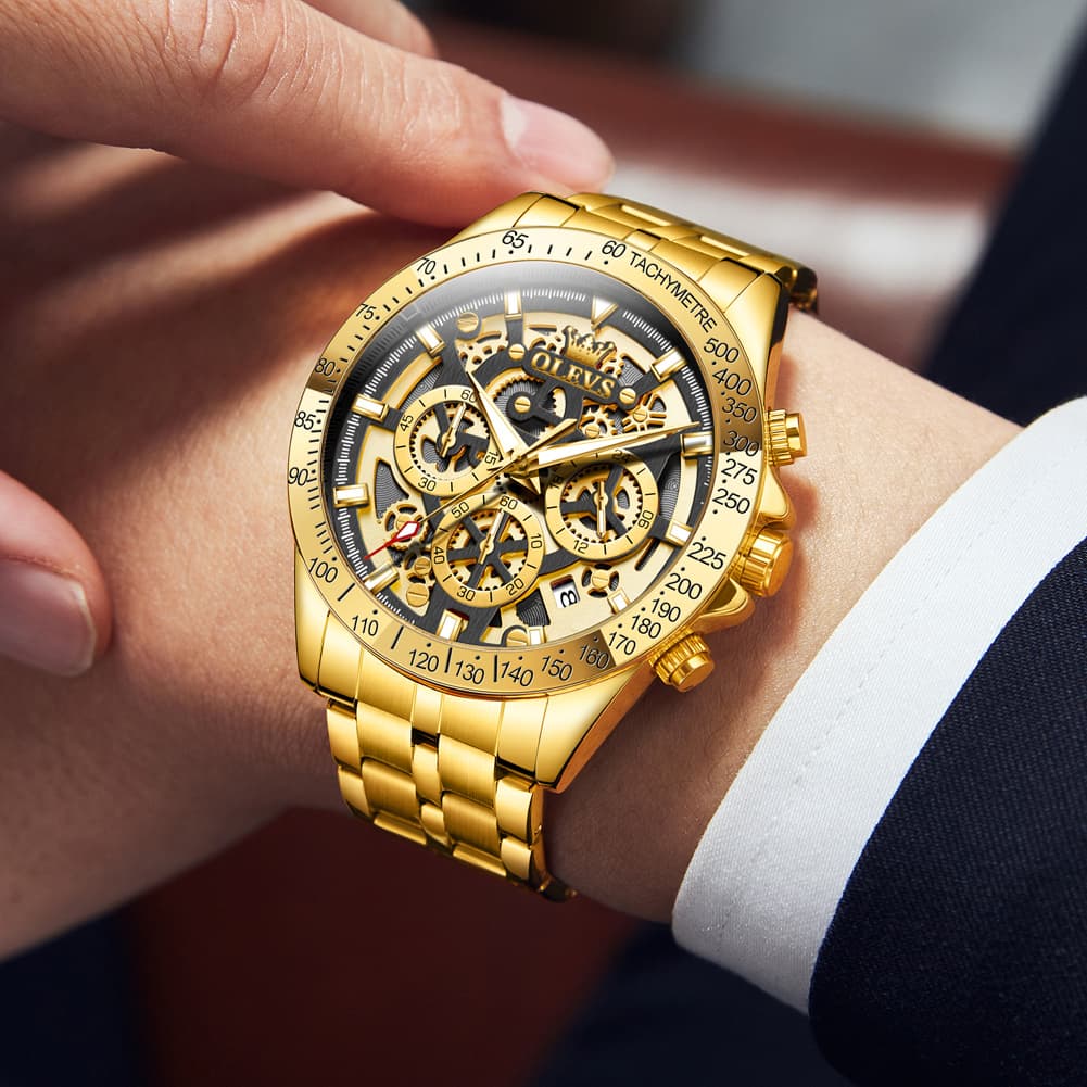 OLEVS 9913 Skeleton Dial Chronograph Gold Quartz Watch for Men - All Gold Dial Watch | Olevs Watch Store