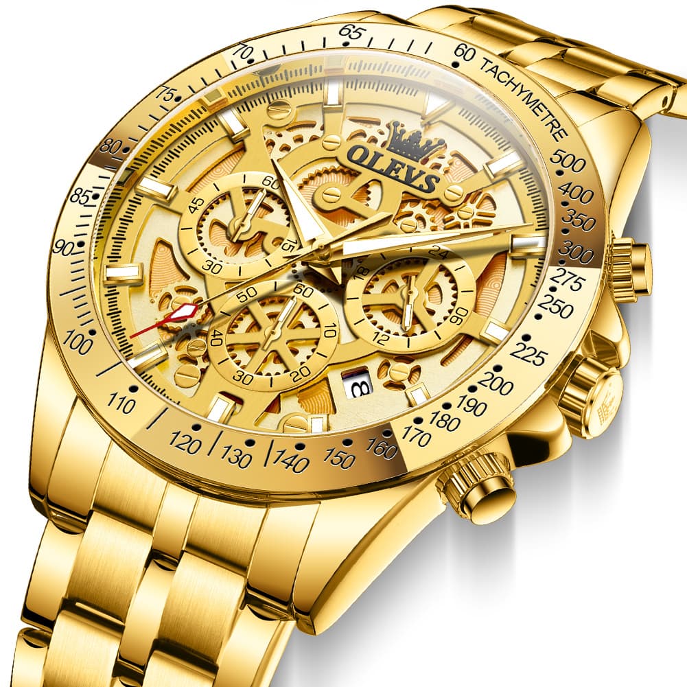 OLEVS 9913 Skeleton Dial Chronograph Gold Quartz Watch for Men - All Gold Dial Watch | Olevs Watch Store