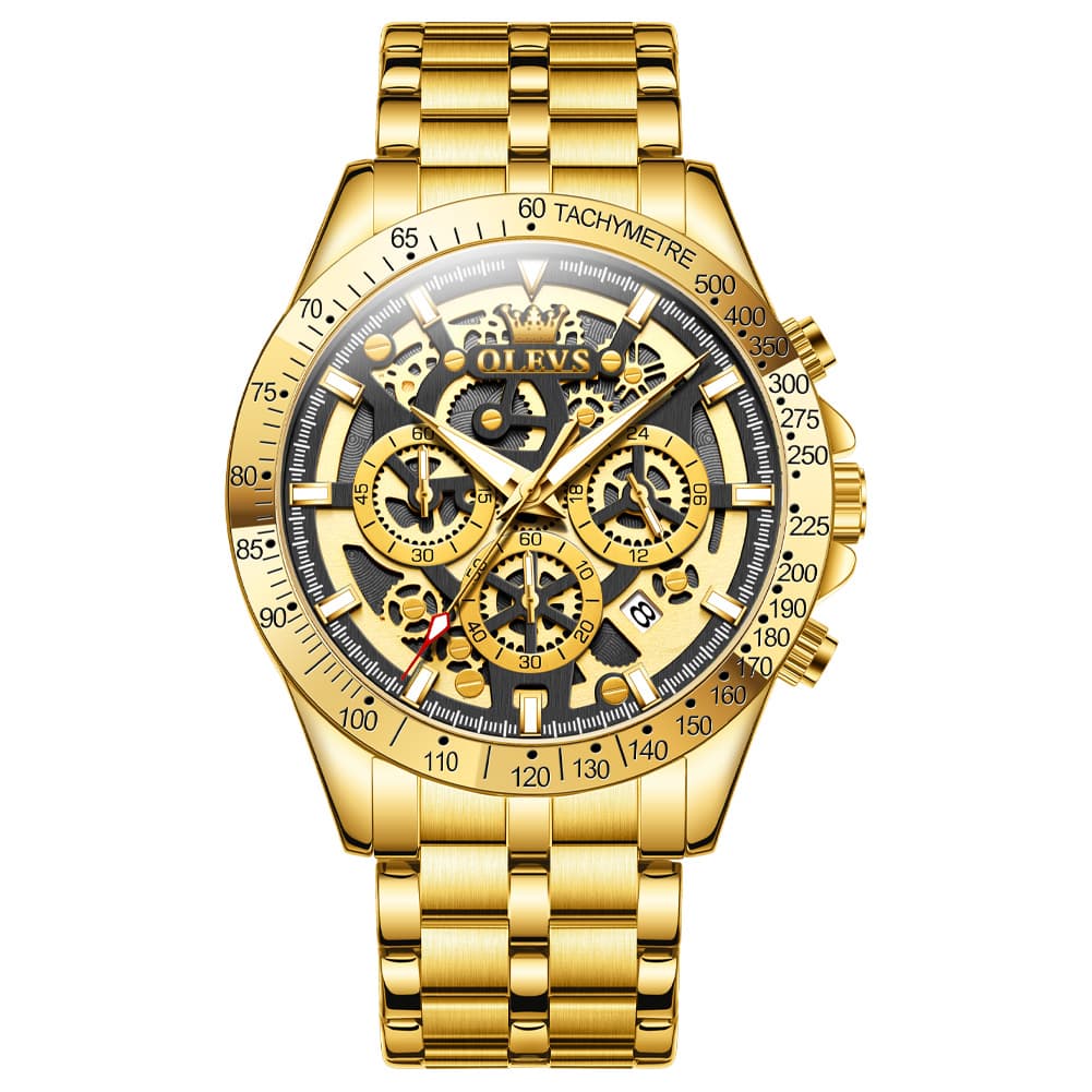 OLEVS 9913 Skeleton Dial Chronograph Gold Quartz Watch for Men - All Gold Dial Watch | Olevs Watch Store
