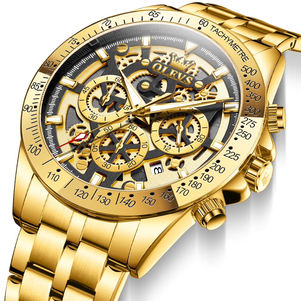 OLEVS 9913 Skeleton Dial Chronograph Gold Quartz Watch for Men - All Gold Dial Watch | Olevs Watch Store