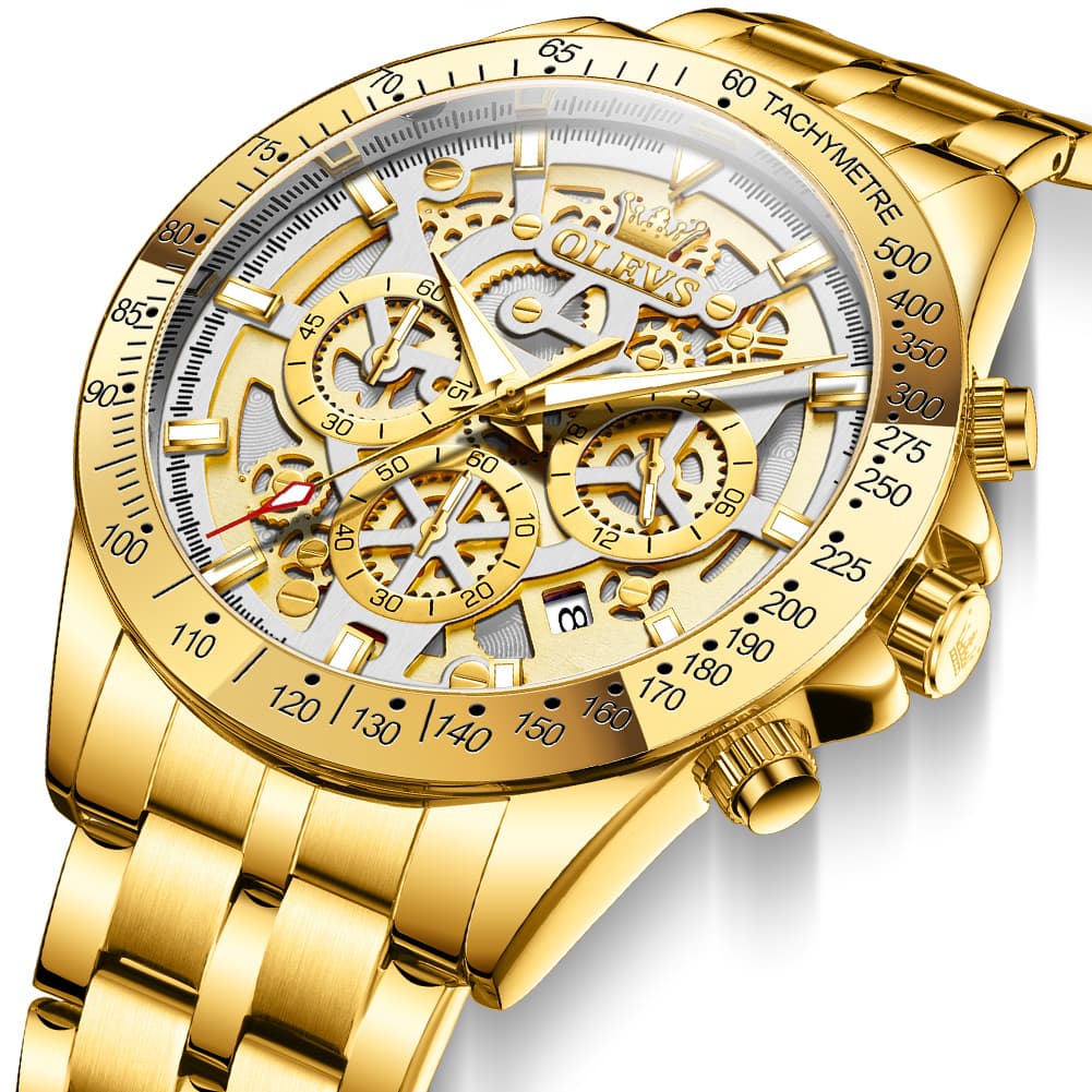 OLEVS 9913 Skeleton Dial Chronograph Gold Quartz Watch for Men - All Gold Dial Watch | Olevs Watch Store