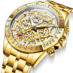 OLEVS 9913 Skeleton Dial Chronograph Gold Quartz Watch for Men - All Gold Dial Watch | Olevs Watch Store