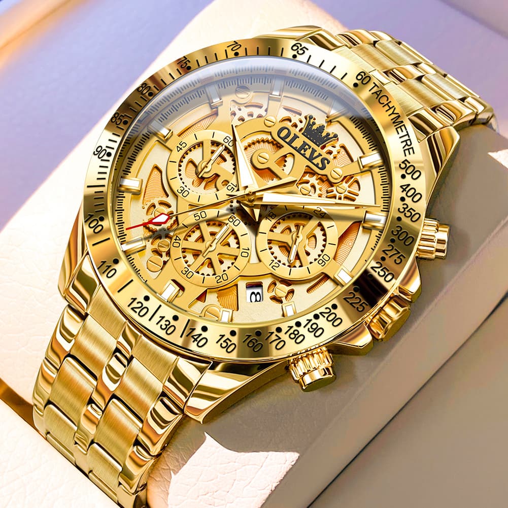 OLEVS 9913 Skeleton Dial Chronograph Gold Quartz Watch for Men - All Gold Dial Watch | Olevs Watch Store