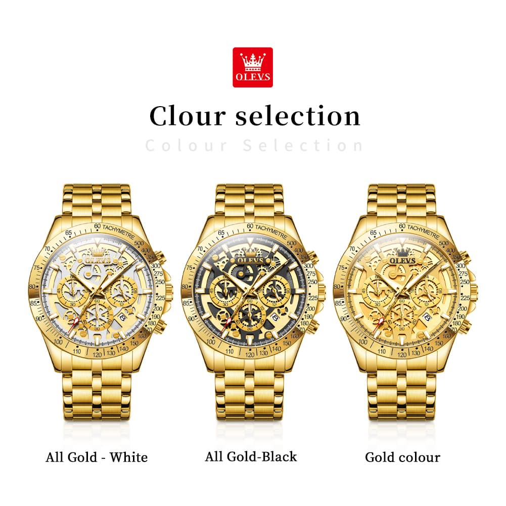 OLEVS 9913 Skeleton Dial Chronograph Gold Quartz Watch for Men - All Gold Dial Watch | Olevs Watch Store