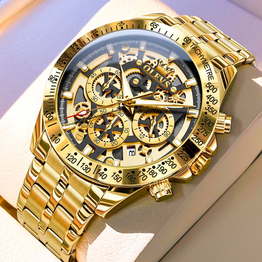 OLEVS 9913 Skeleton Dial Chronograph Gold Quartz Watch for Men - All Gold Black Dial Watch | Olevs Watch Store