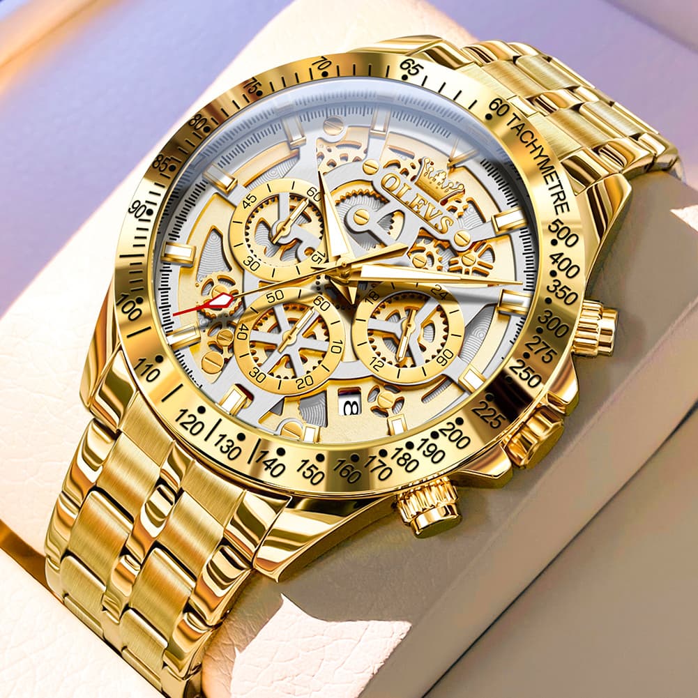 OLEVS 9913 Skeleton Dial Chronograph Gold Quartz Watch for Men - All Gold White Dial Watch | Olevs Watch Store