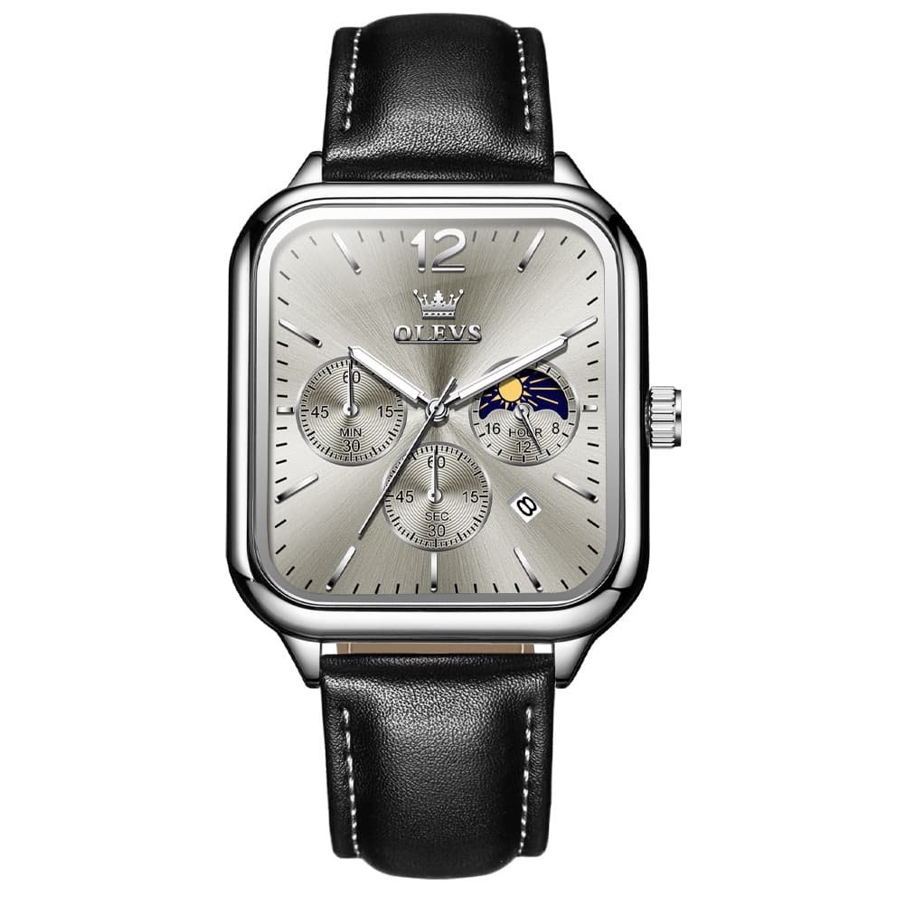 OLEVS 9914 Square Case Moon Phase Chronograph Watch for Men - All Black Leather Watch | Olevs Watch Store