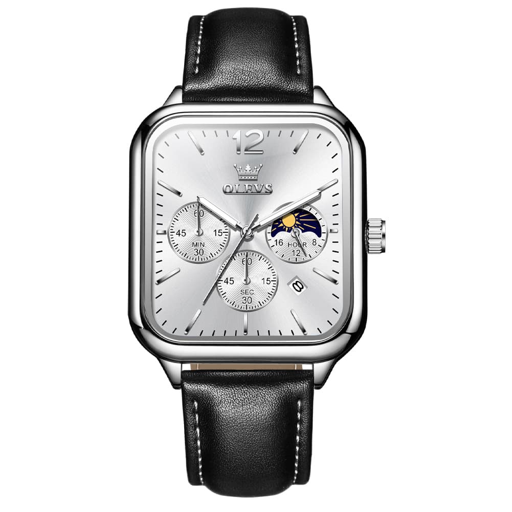 OLEVS 9914 Square Case Moon Phase Chronograph Watch for Men - All Black Leather Watch | Olevs Watch Store