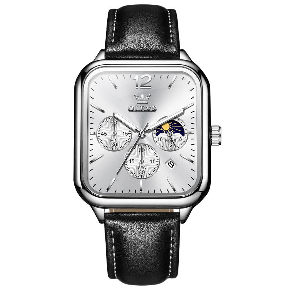 OLEVS 9914 Square Case Moon Phase Chronograph Watch for Men - All Black Leather Watch | Olevs Watch Store