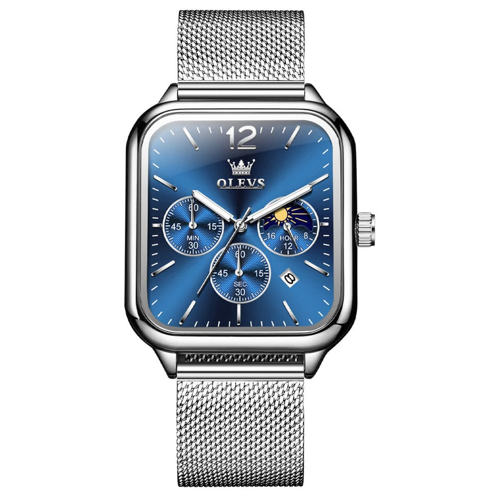OLEVS 9914 Square Case Moon Phase Chronograph Watch for Men - All Black Leather Watch | Olevs Watch Store