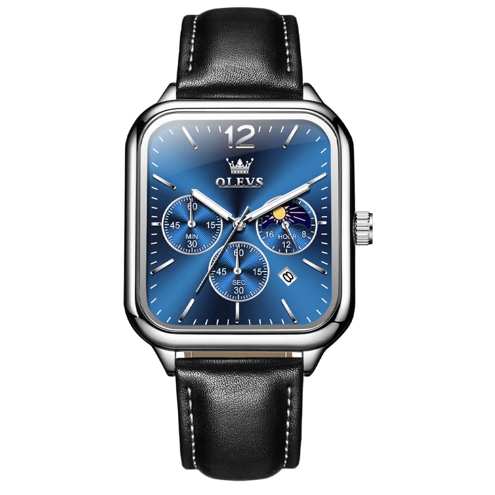 OLEVS 9914 Square Case Moon Phase Chronograph Watch for Men - All Black Leather Watch | Olevs Watch Store