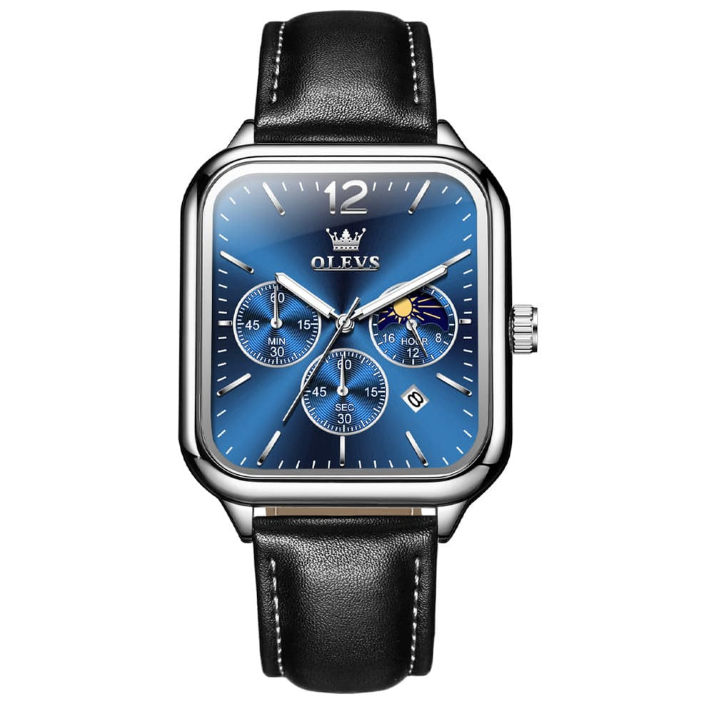 OLEVS 9914 Square Case Moon Phase Chronograph Watch for Men - All Black Leather Watch | Olevs Watch Store