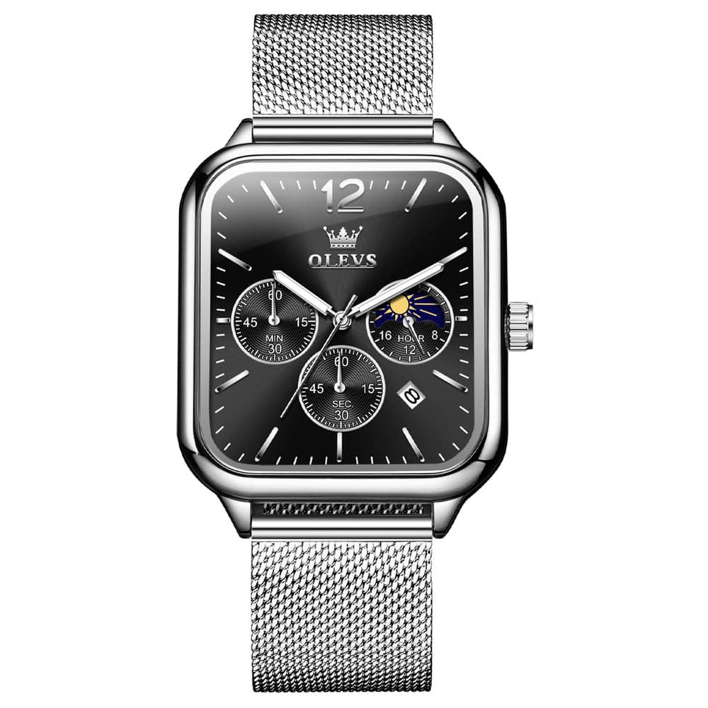OLEVS 9914 Square Case Moon Phase Chronograph Watch for Men - All Black Leather Watch | Olevs Watch Store