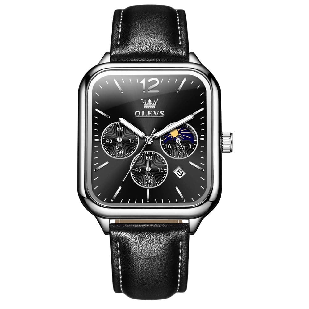 OLEVS 9914 Square Case Moon Phase Chronograph Watch for Men - All Black Leather Watch | Olevs Watch Store