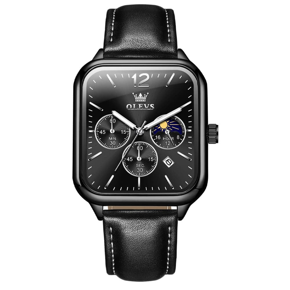 OLEVS 9914 Square Case Moon Phase Chronograph Watch for Men - All Black Leather Watch | Olevs Watch Store