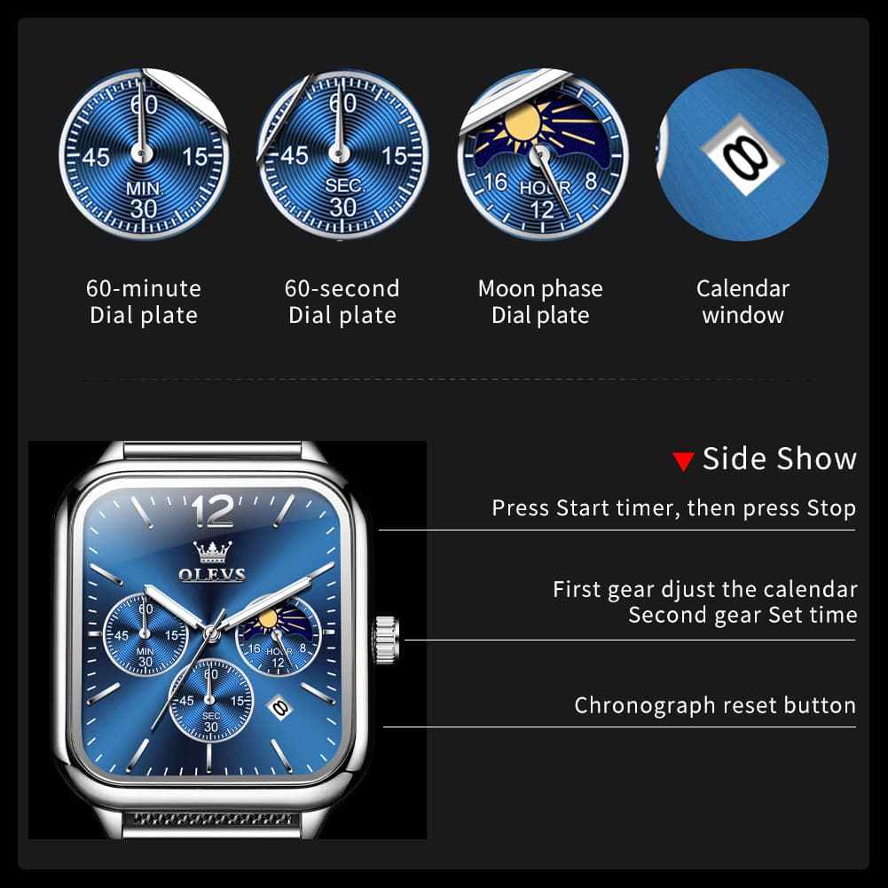 OLEVS 9914 Square Case Moon Phase Chronograph Watch for Men - All Black Leather Watch | Olevs Watch Store