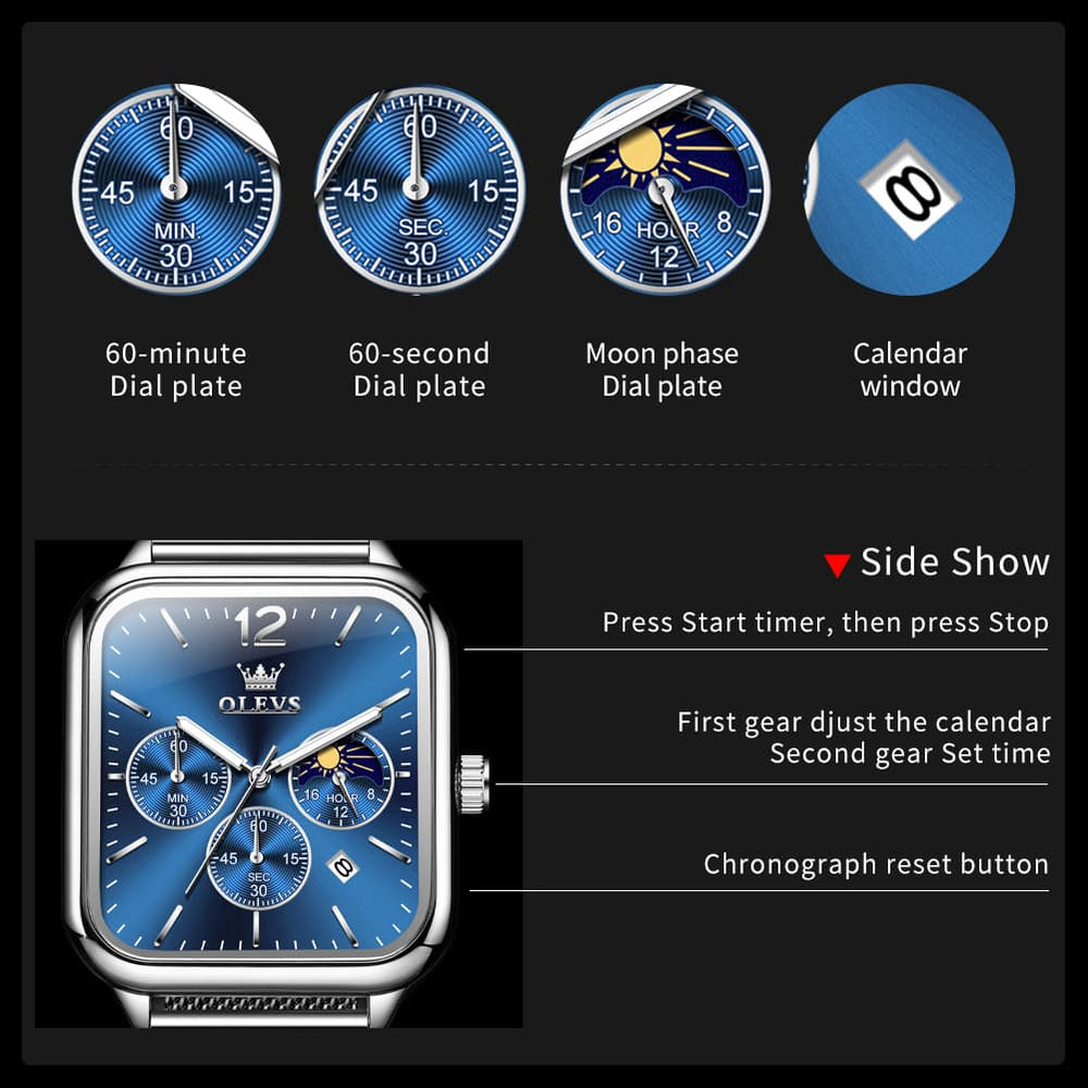 OLEVS 9914 Square Case Moon Phase Chronograph Watch for Men - All Black Leather Watch | Olevs Watch Store