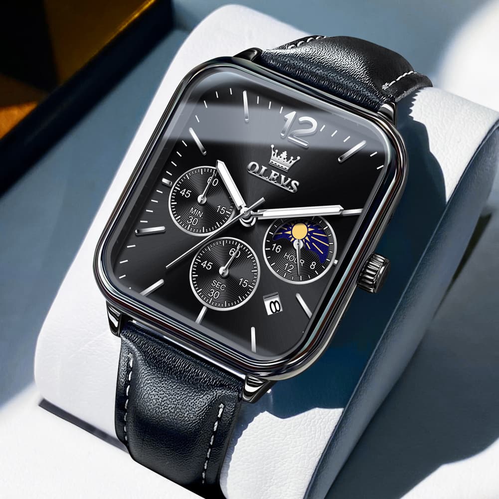 OLEVS 9914 Square Case Moon Phase Chronograph Watch for Men - All Black Leather Watch | Olevs Watch Store