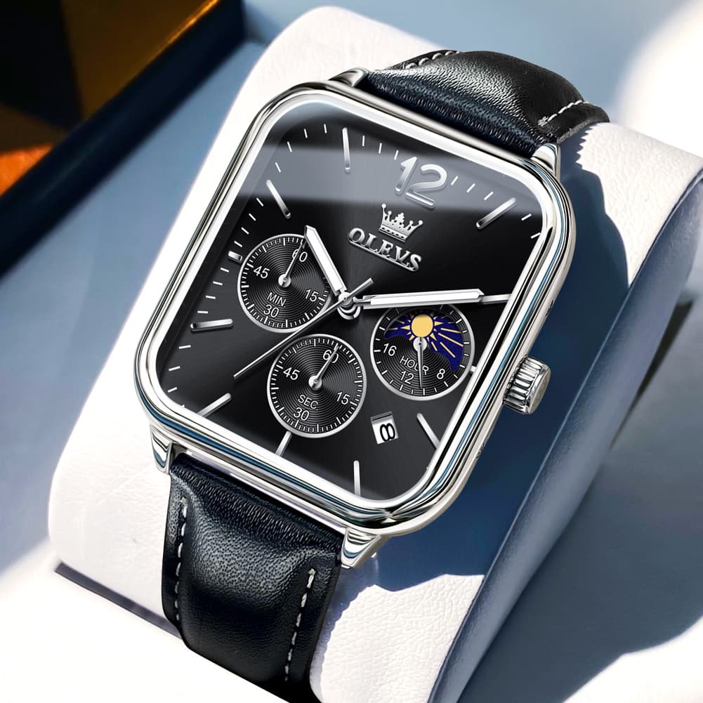 OLEVS 9914 Square Case Moon Phase Chronograph Watch for Men - Black Leather Black Dial Watch | Olevs Watch Store