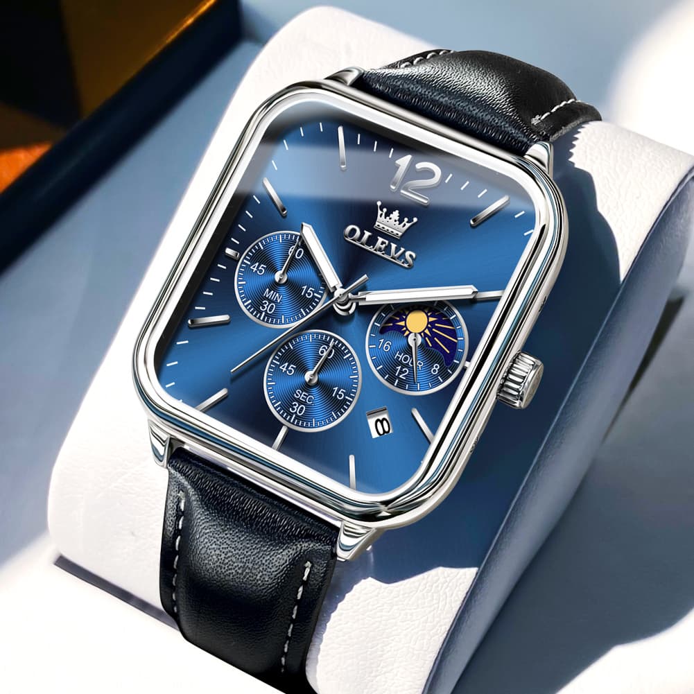 OLEVS 9914 Square Case Moon Phase Chronograph Watch for Men - Black Leather Blue Dial Watch | Olevs Watch Store