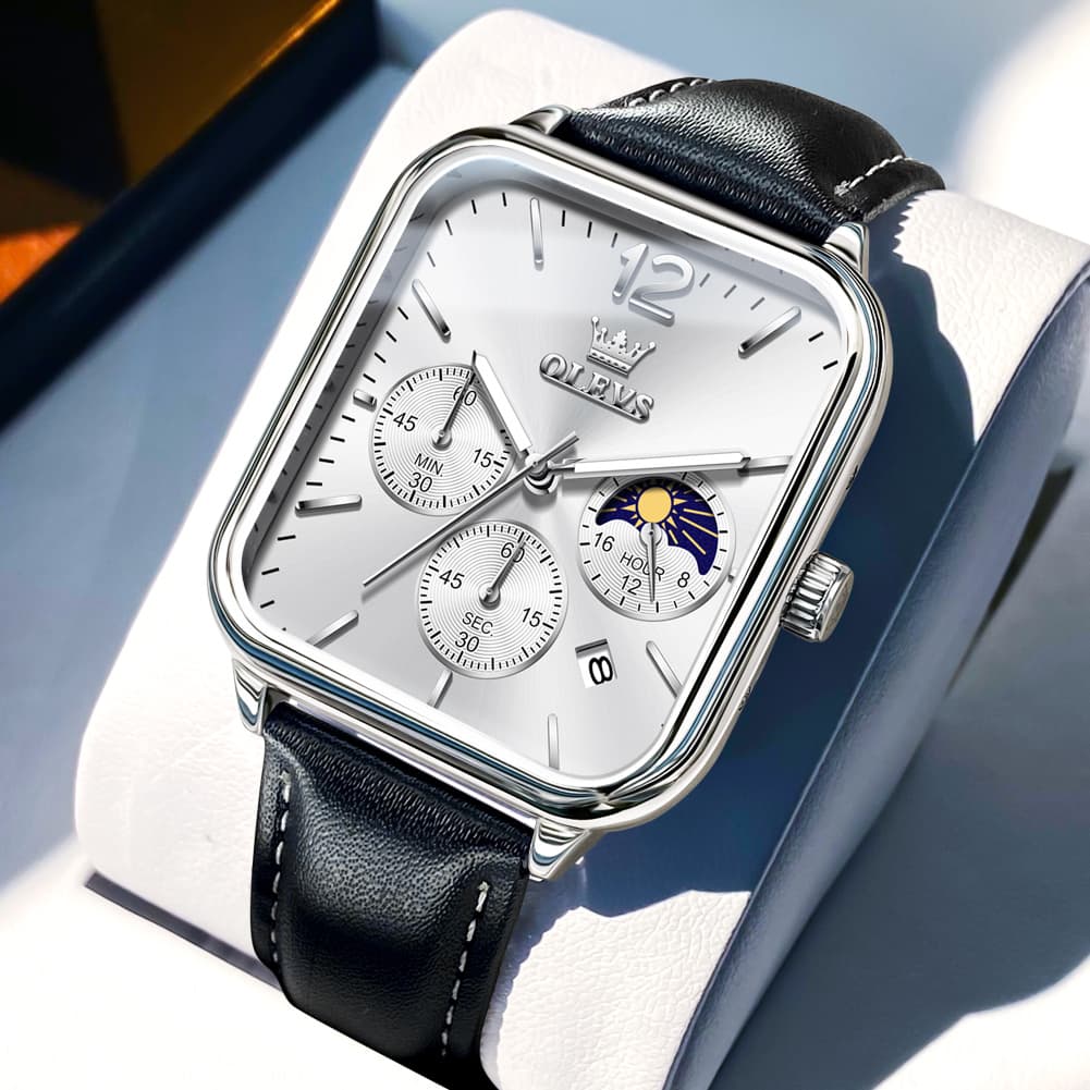 OLEVS 9914 Square Case Moon Phase Chronograph Watch for Men - Black Leather White Dial Watch | Olevs Watch Store