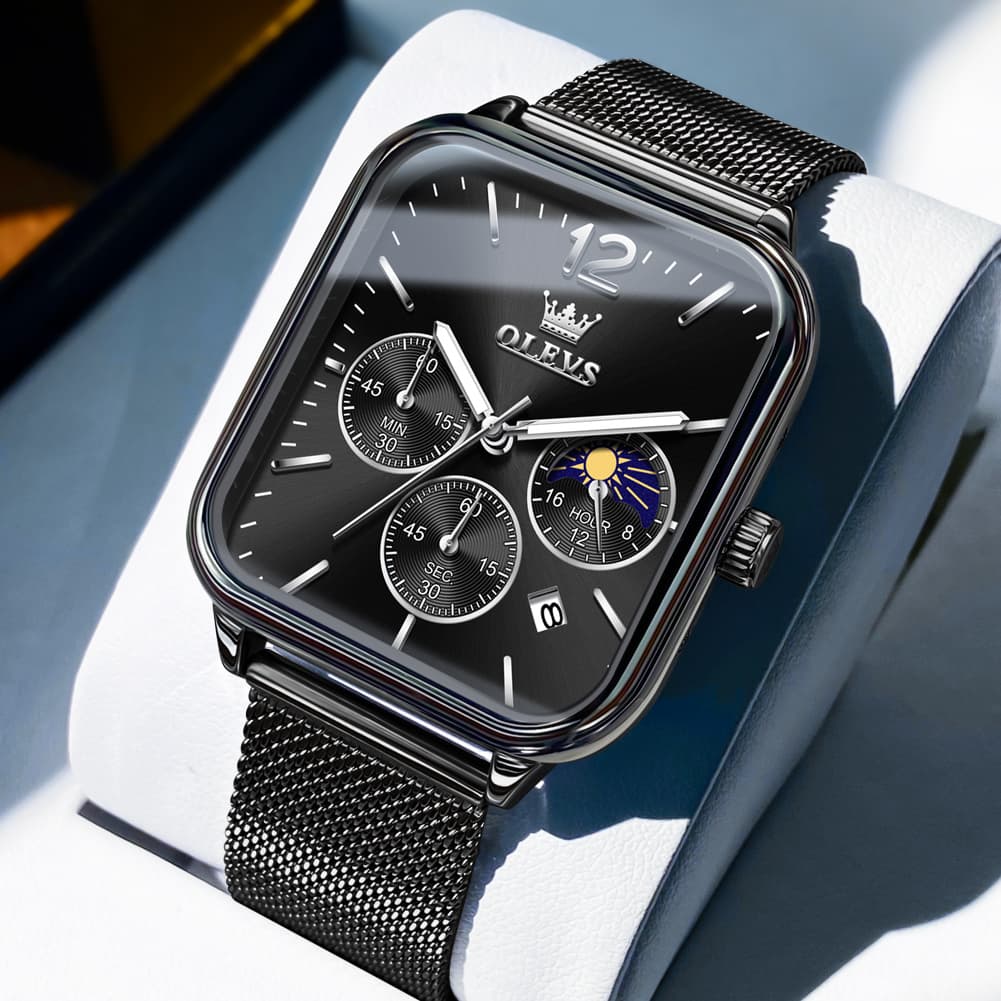 OLEVS 9914 Square Case Moon Phase Chronograph Watch for Men - All Black Mesh Watch | Olevs Watch Store